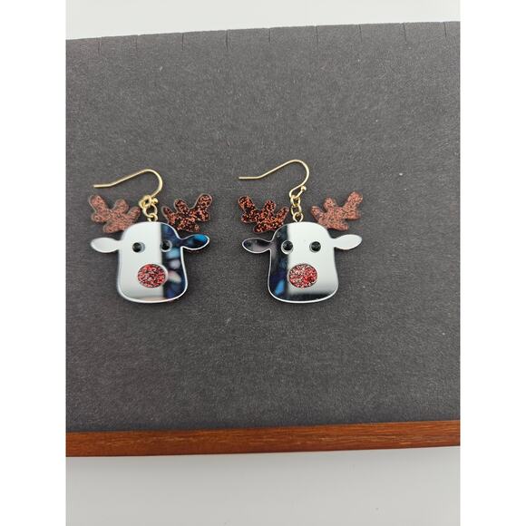 Glitter Silver Tone Mirror Reindeer Earrings Hook Style Dangle Drop Christmas - Picture 2 of 4